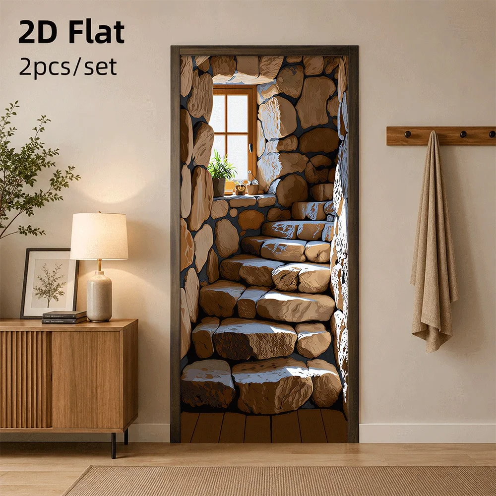1 piece of retro stone wall door sticker, living room bedroom entrance decoration sticker, self-adhesive, removable 2D flat