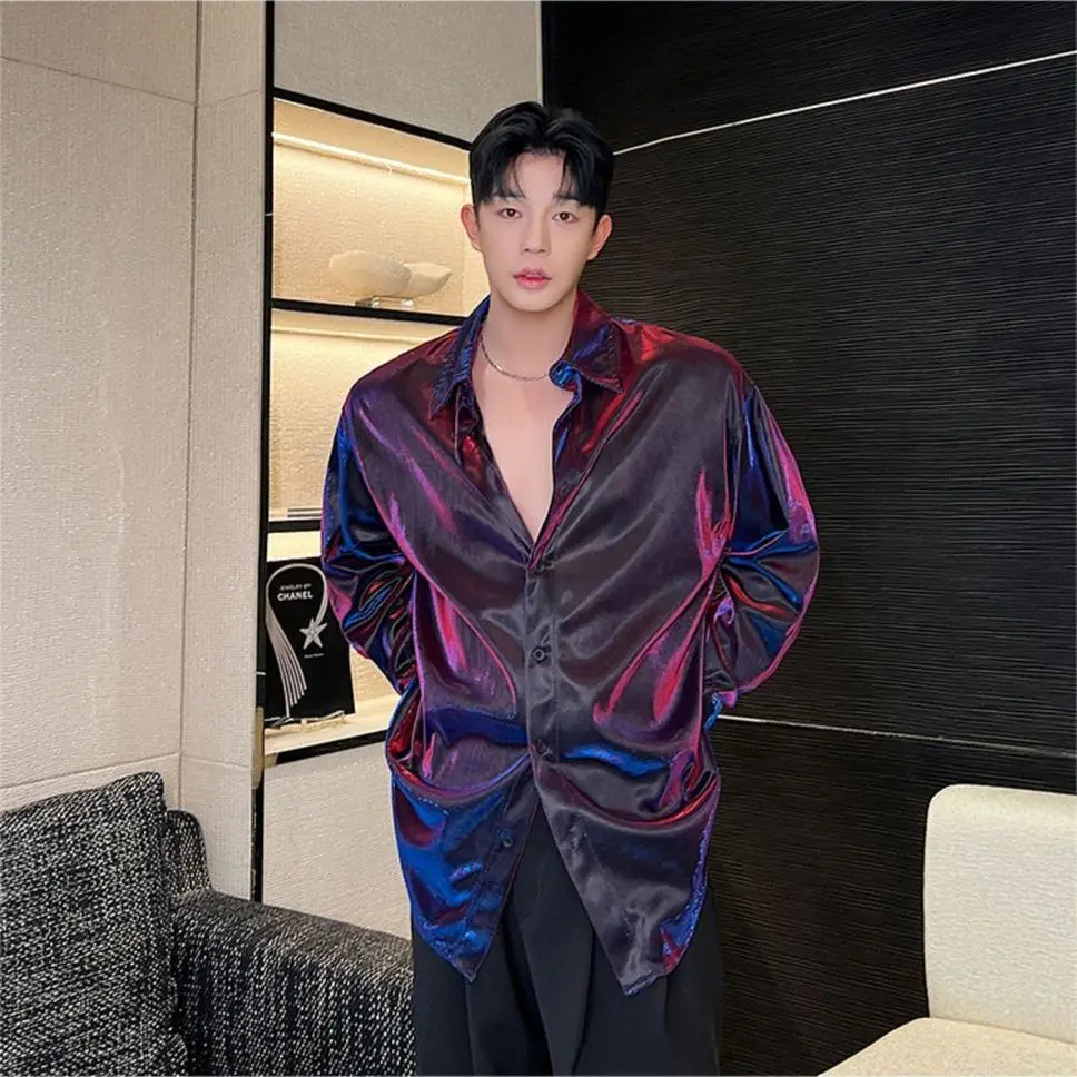 New Mens Shirt Trendy Metallic Variable Shiny Designer Fashion Shirt Loose Long Sleeve Shirts Stage Wear Y2k Streetwear