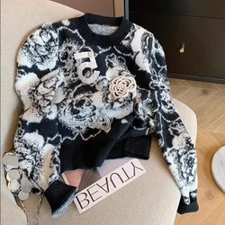 Vintage Floral Women's Sweater Pullovers Loose O Neck Knitwear Jumper Female Sweater Autumn Long Sleeve Knit top Women's clothes