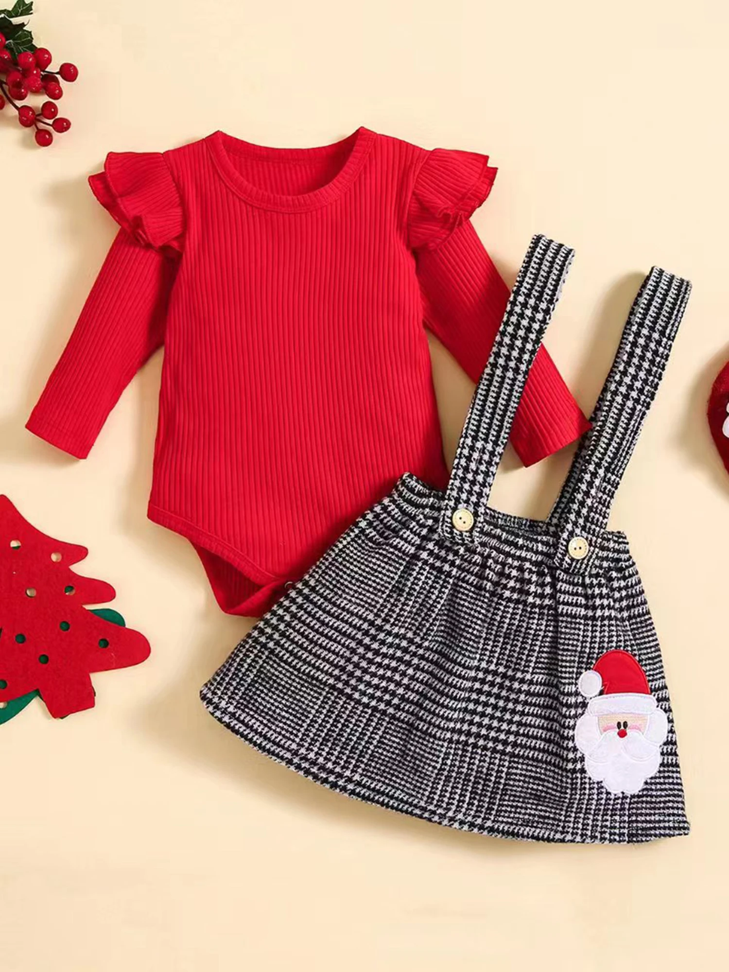 

Toddler Christmas Outfits Red Plaid Rompers Reindeer Embroidery Knit Sweater Skirts 2Pcs Clothes Set for Baby Girl