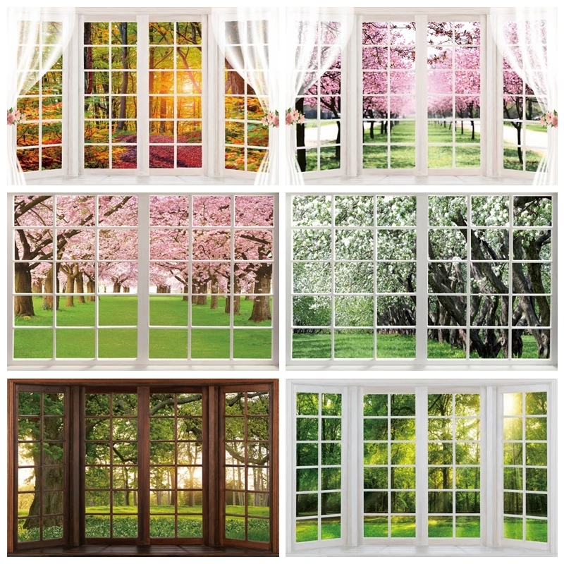 Spring Scenery Photography Background Flower Forest Sunshine Window Landscape Backdrops Baby Adult Birthday Photo Studio Props