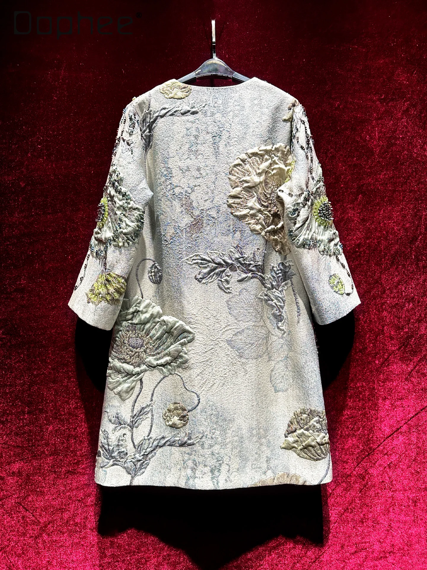 Light Luxury Three-Dimensional Embossed Jacquard Heavy Beading Mid-Length Coat Women Trench Elegant High-End Vintage Loose Coat