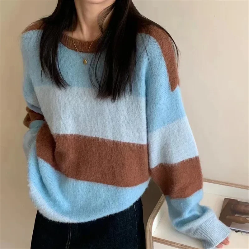 

Knit Sweater Woman 2024 Autumn Winter Pullovers Round Neck Matching Long Sleeve Knitting Sweaters Tops Office Lady Jumpers