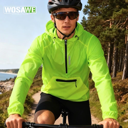 Imagen 1 del producto WOSAWE primavera hombres bicicleta rompevientos repelente al agua media cremallera chaqueta pulóver plegable a prueba de viento chaqueta de ciclismo con capucha