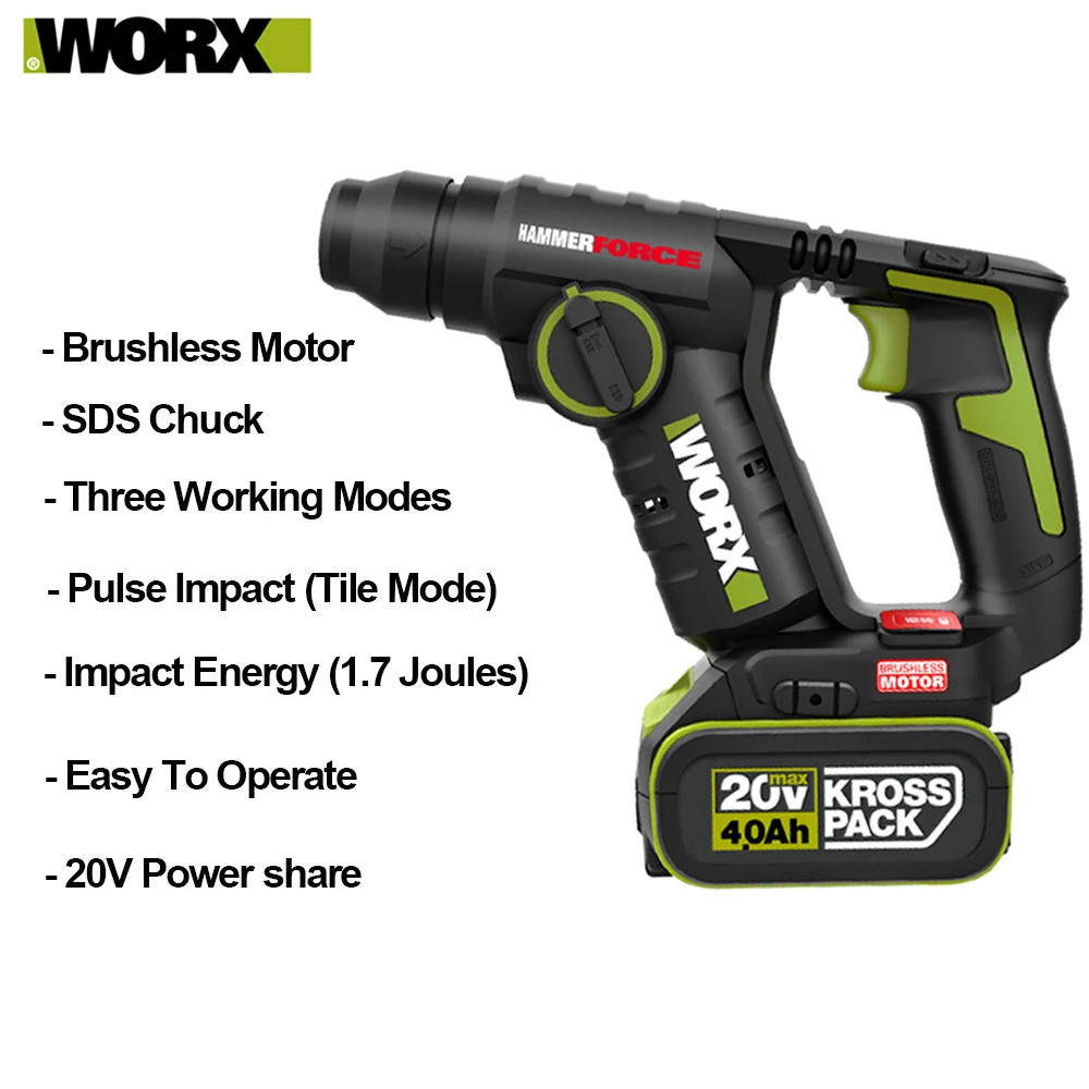 WORX WU380S Cordless Rotary Hammer Drill Power Tool 20V  3 In1 Electric Screwdriver SDS Chuck Brushless Motor Lithium Battery