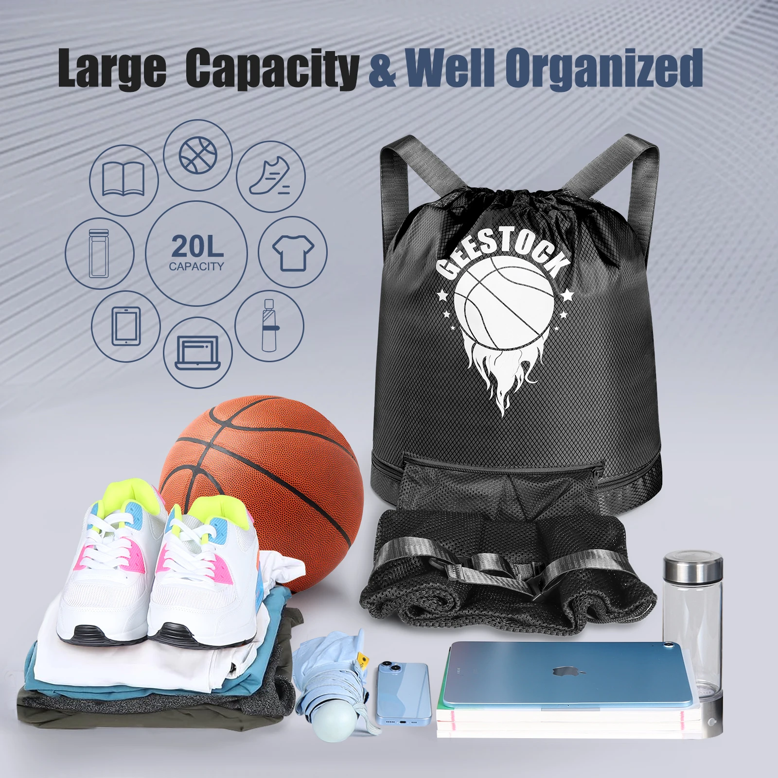 Sac à dos de basket-ball avec séparation humide et rangement des chaussures, sac de sport Oxford léger avec sangle réglable pour salle de sport et voyages