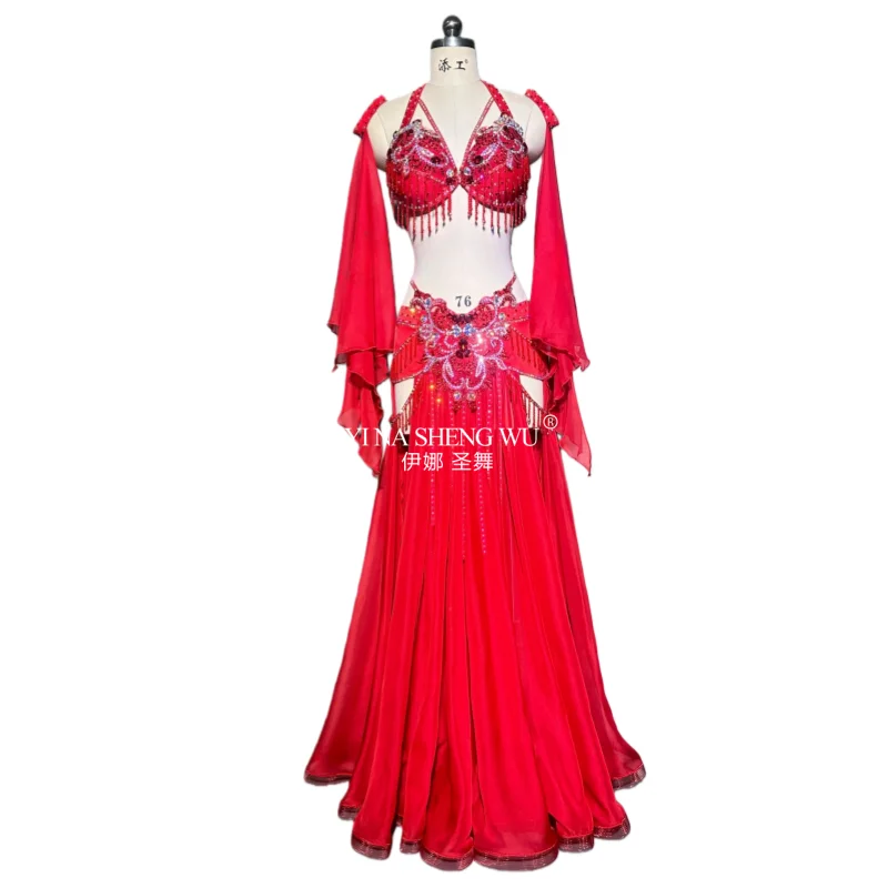 

Роскошные костюмы для танца живота, комплект из 3 предметов с индивидуальным бюстгальтером, рукавами и шифоновой длинной юбкой для восточных танцев, профессиональное исполнение