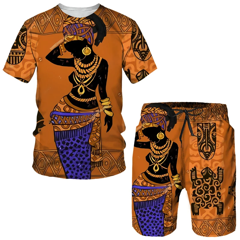 African Girls 3D Print Ethnic Style Kids Sets Fashion T-Shirts Beach Board Shorts Tees Tops Vintage Boys Girls Sportswear Suits