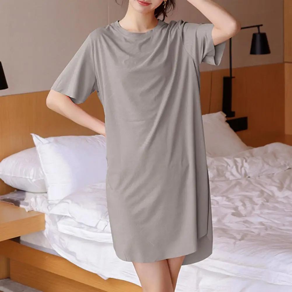 

Dress Elegant Knee-length Nightdress for Women Loose Fit Ice Silk Pajamas with Short Sleeves Homewear Dress Solid Color Loose