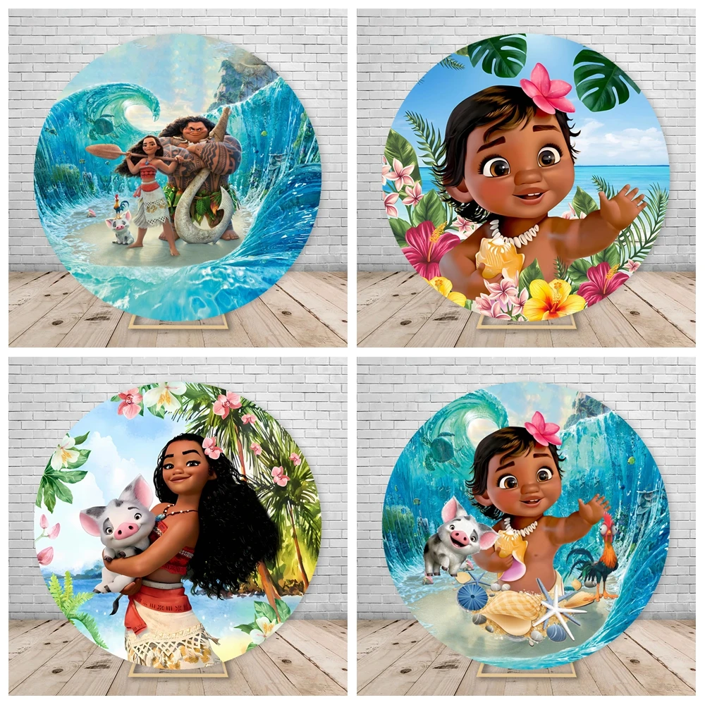 Round Backdrop Cover Moana Princess for Birthday Party Baby Shower Background Wall Vaiana Decorations Photo Booth Props