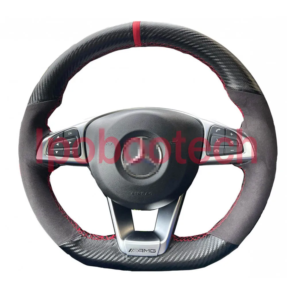 3D Carbon Fiber & Black Suede Leather Steering Wheel on Wrap Cover For Mercedes Benz W176 S-Class S500 2016 / A180 16-19