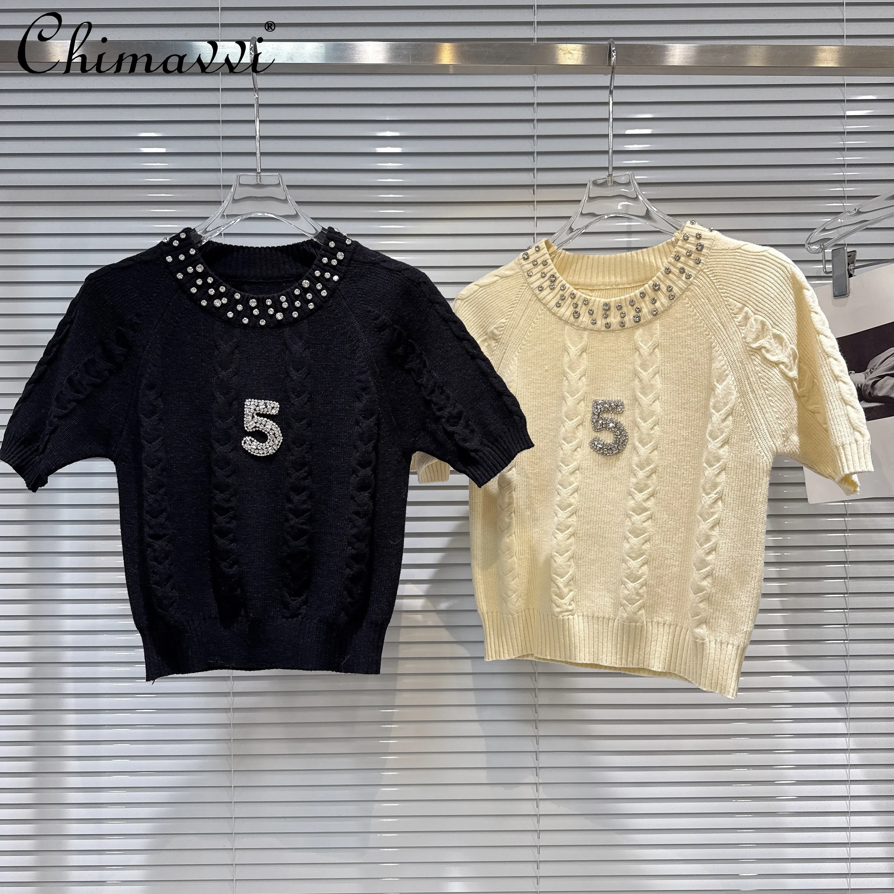 

2026 Spring Korean Fashion Elegant Diamond Round Neck Short Sleeve Versatile Loose Casual Knitted Pullover T-shirt Top for Women