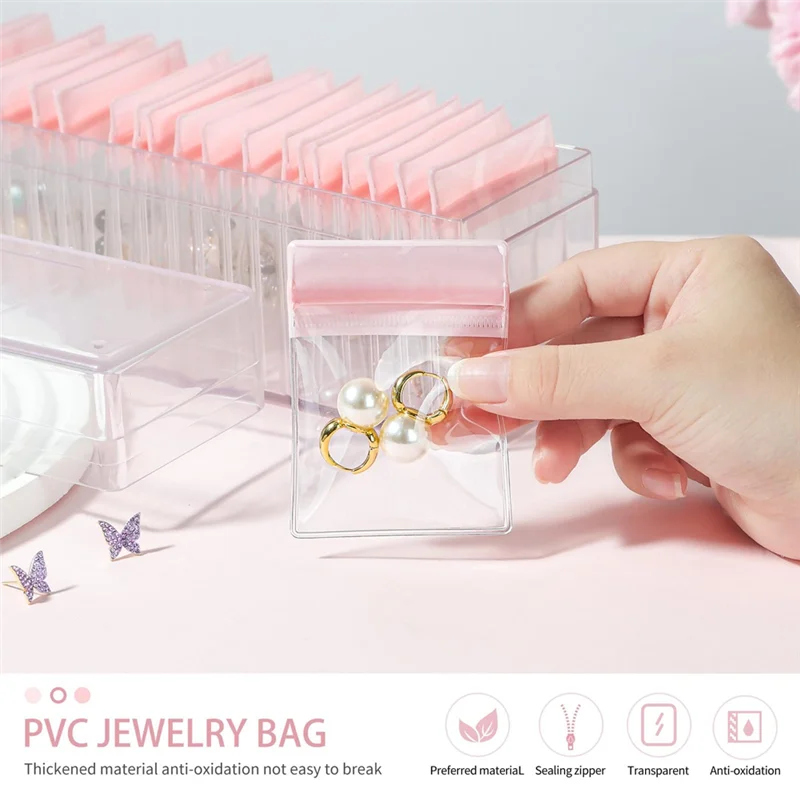 Acrylic Jewelry Box,Clear Jewelry Organizer With 20 PVC Portable Anti Oxidizing Zipper Bags,Travel Jewelry Case