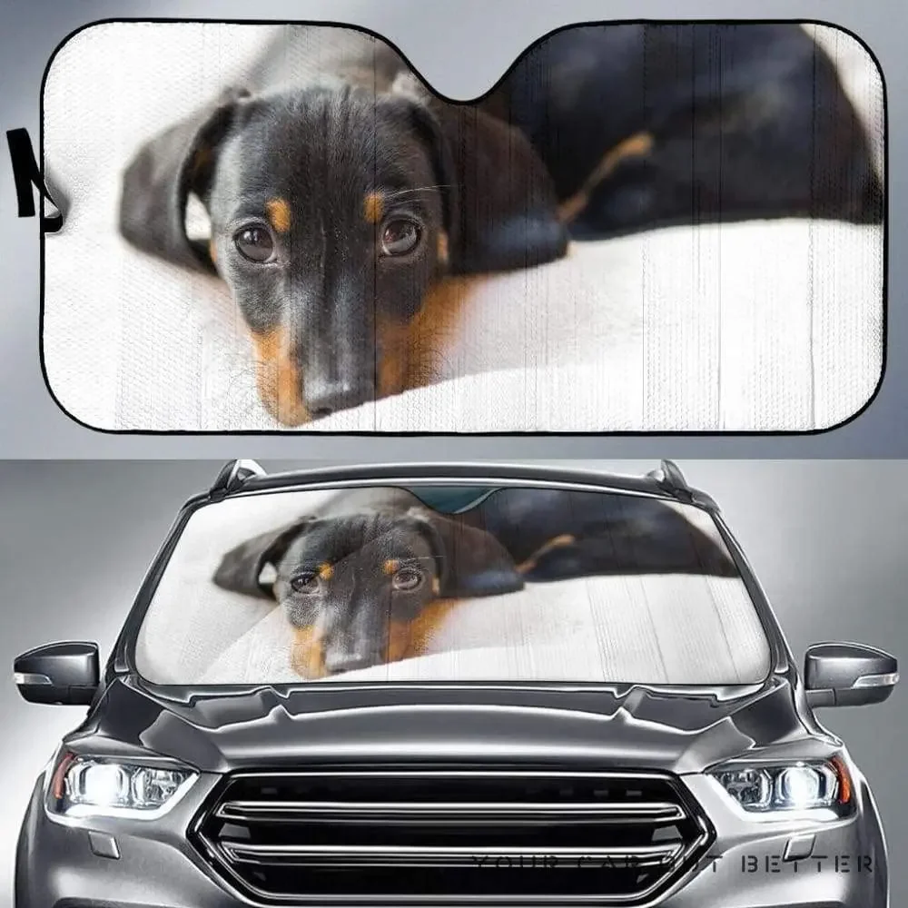 Cute Dachshund Dog Lying On White Bed Image Print Car Sunshade, Funny Black and Tan Dachshund Doxie Lover Auto Sun Shade, Windsh