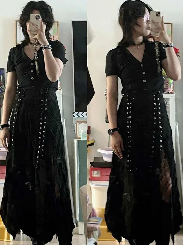 

Street Style High Waist Lace Mesh Splice Belted A-Line Skirt Women's Casual Fashion Autumn Winter New Arrival