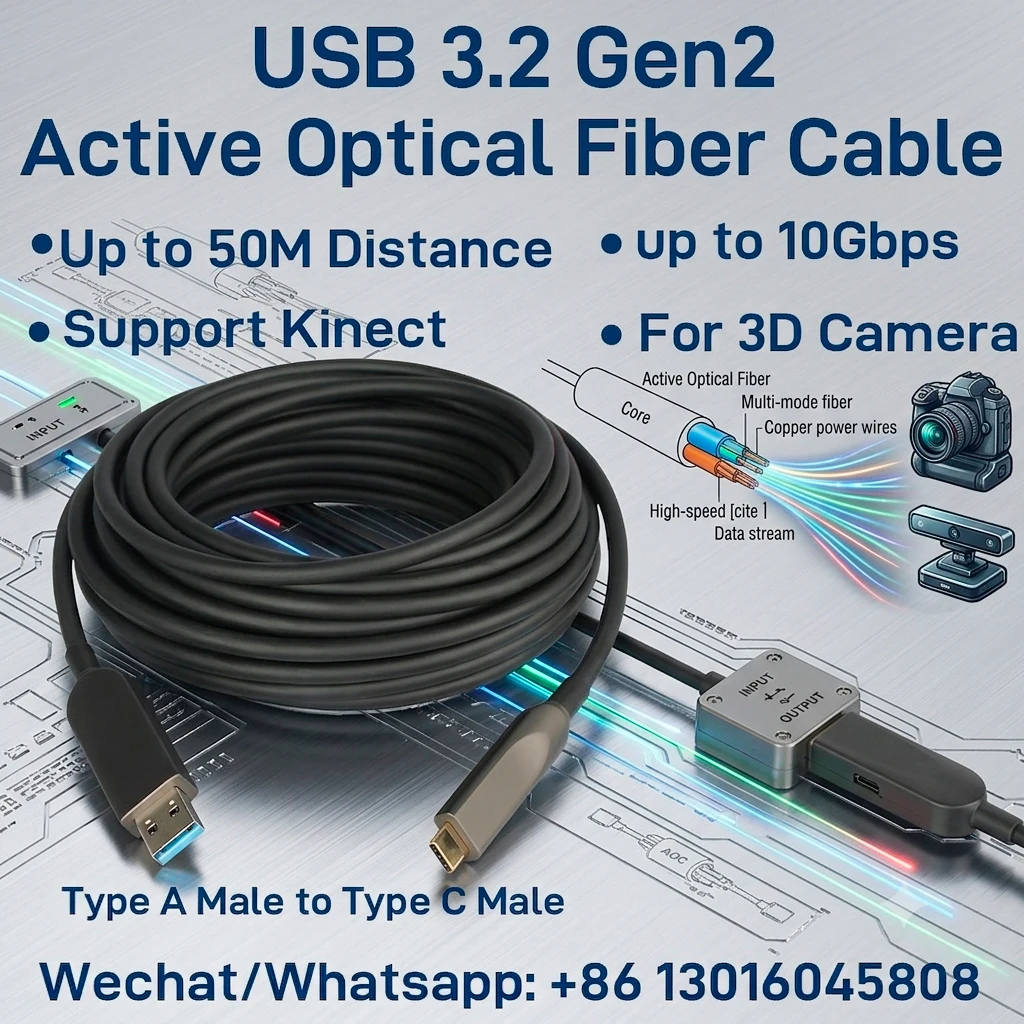 USB 3.2 Gen2 Active Optical Fiber Cable 10Gbps AOC Type A to Type C USB Extension Cable for VR Camera Industrial Medical Device