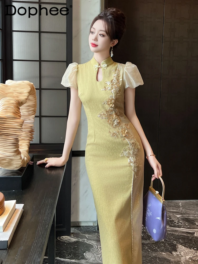 

Chinese Style Improved Cheongsam Stand Collar Hip Dress for Women 2024 Summer New Sequined Embroidered Chic Puff Sleeve Dress