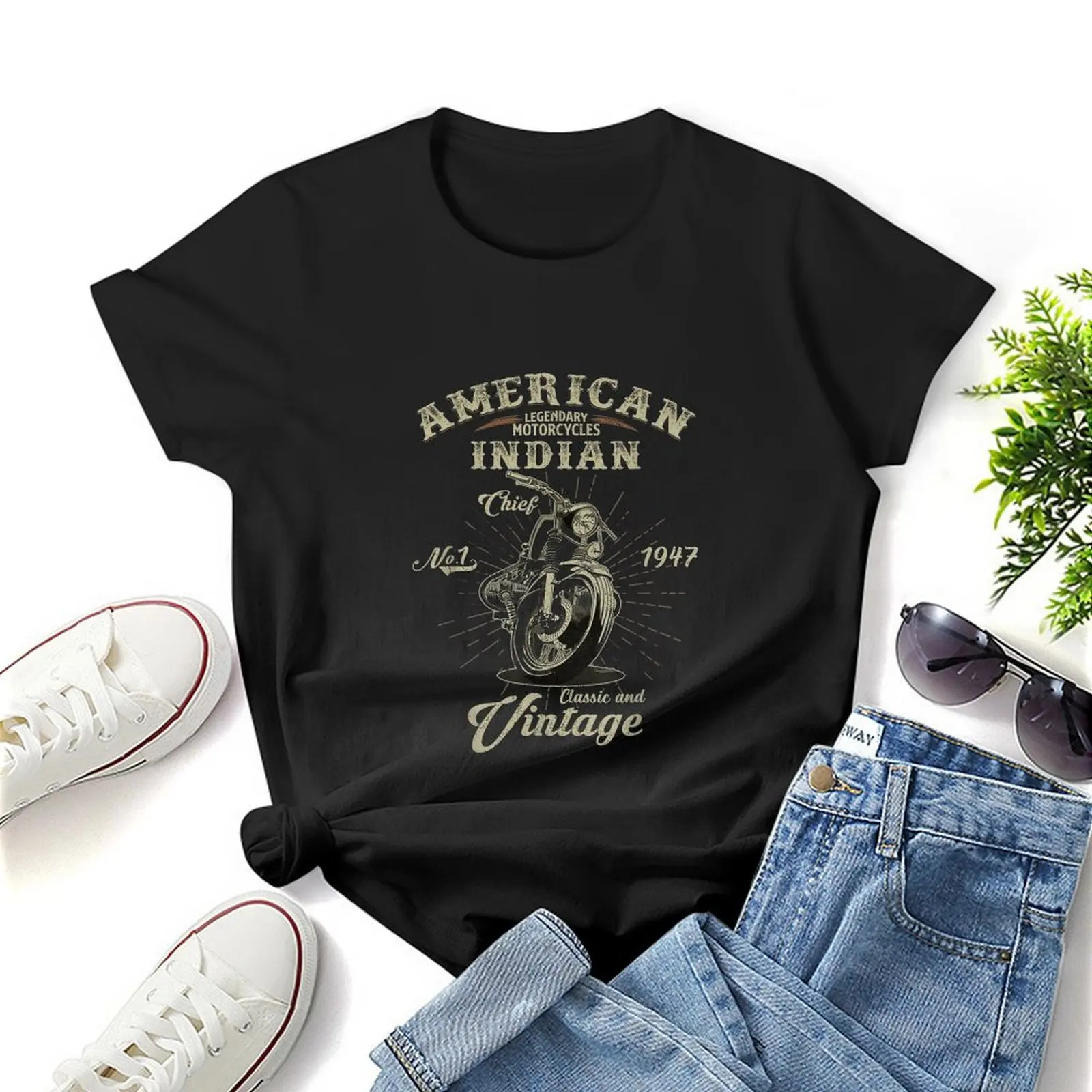 Vintage American Motorcycle Indian for Old Biker Gifts Print T Shirt Graphic Shirt Casual Short Sleeved Female Tee T-Shirt