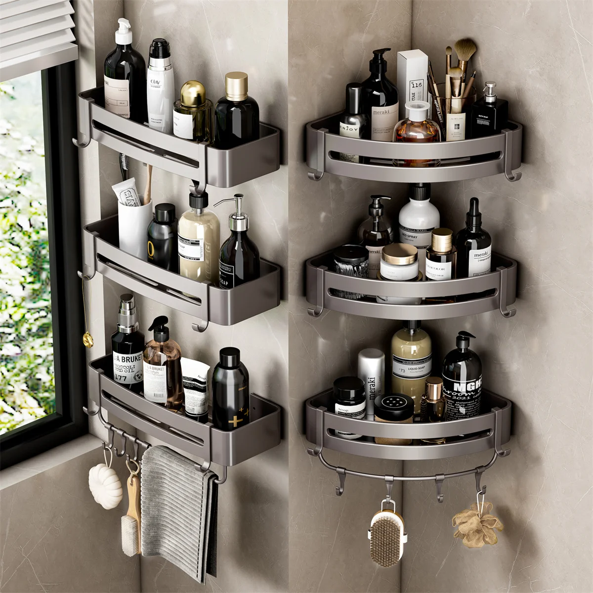 Aluminum Alloy Bathroom Shelf Without Drilling Bathroom Accessories Shampoo Rack Toilet Corner Wall Mounted Shower Shelf