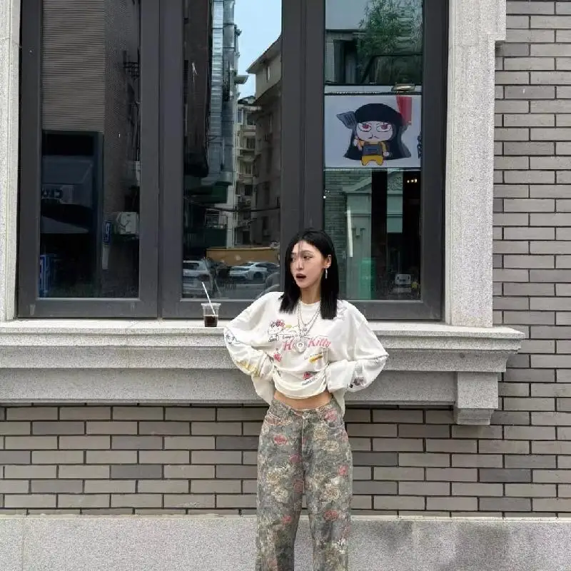 Sanrio Kawaii Hello Kitty Basisshirt met lange mouwen Anime Cartoon Schattig Zacht Comfortabel Casual Veelzijdig Los Katoenen Meisjestop