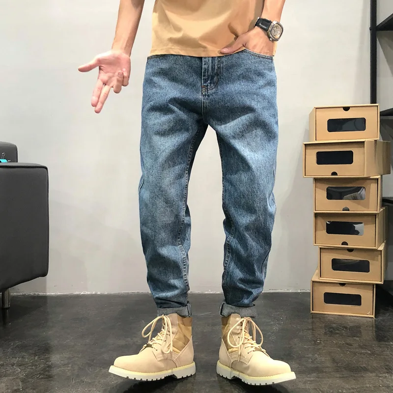 

American European New Fashion Men's Blue Washed Straight Loose Casual Trendy Denim Trousers Male Jeans Pants Streetwear Clothes