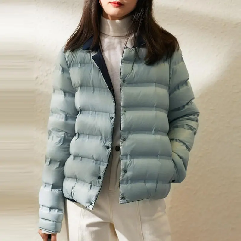 

Lightweight Padded Jaet Women's Stand Collar Patchwork Color Korean Sle Commute White Du down Coat ort Length Single ...