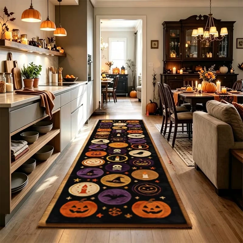 Vintage Bat Spider‑web Tombstone Print Runner Rug,Soft Wear‑resistant Household Floor Mat,Gothic Halloween‑themed Decor Carpet