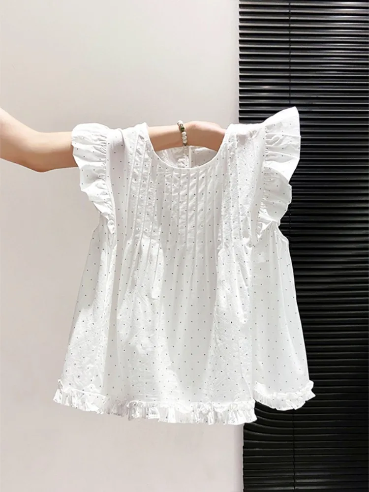 

White Polka Dot Wooden Sleeveless Shirt Women's Summer New Korean Style Lazy Loose Slimming Doll Shirt Top