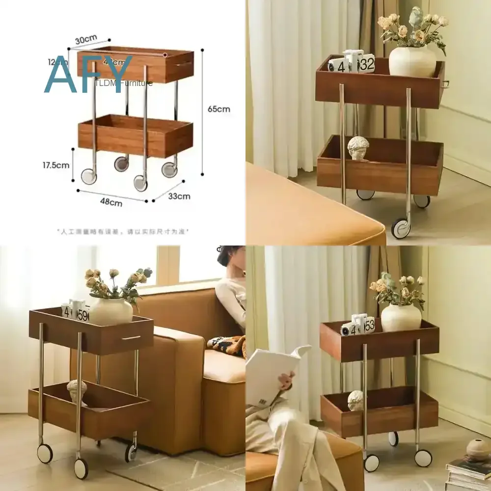 Retro Double Layer Coffee Table for Home Office Living Room Bedroom Study Desk with Pulley System Stainless Steel Bracket