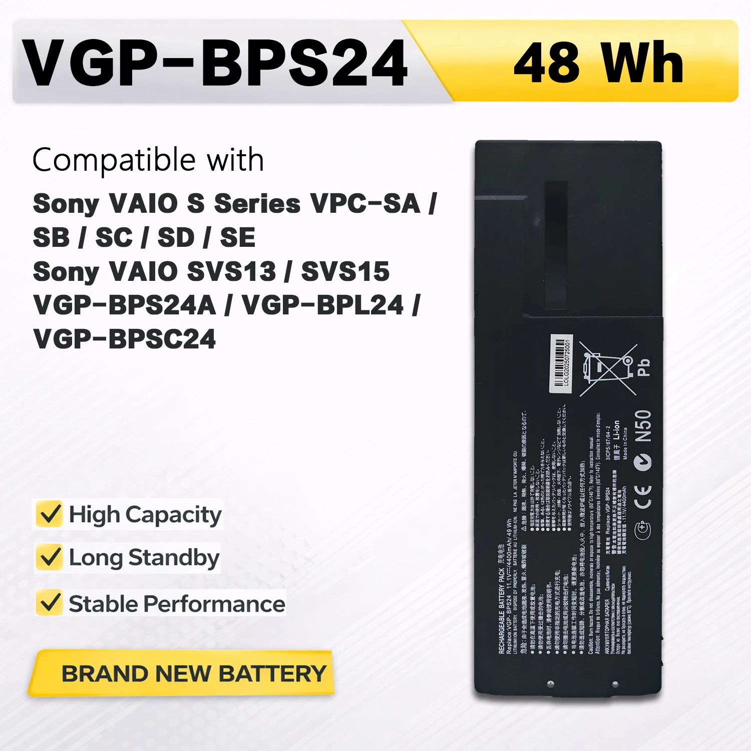 Аккумулятор PowerHub VGP-BPS24 11.1В 48Втч 4400мАч для ноутбуков Sony VAIO VPC-SA VPC-SB VPC-SC VPC-SD VPC-SE SVS13 BPS24A BPL24 BPSC24