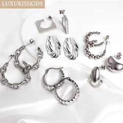 LUXUKISSKIDS Silver Color Irregular Hoops Stud Earrings Stainless Steel Round Ears Clip Hyperbole Jewelry For Women Party Gift