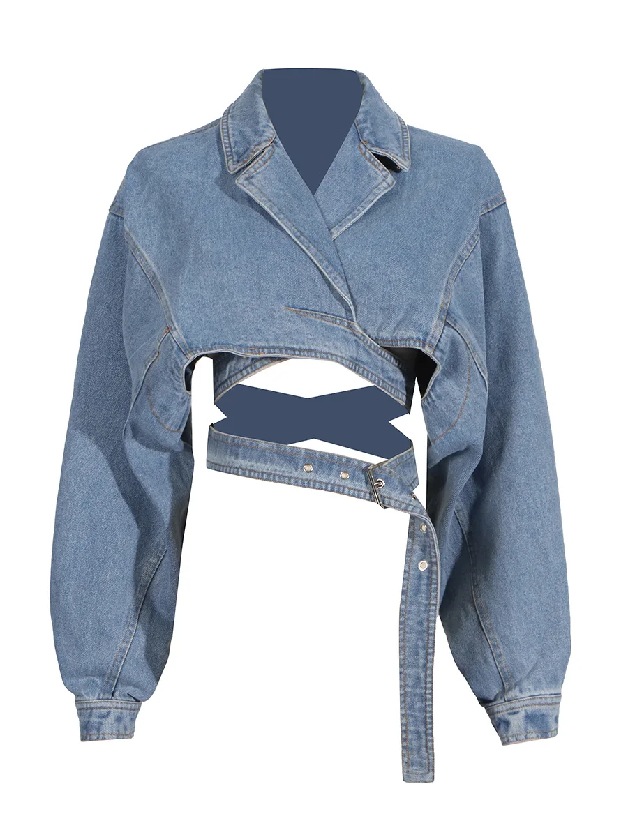 TANNT Women Denim Jacket 2024 Spring Summer New Fashion Hollow Out Cross Lace Up Short Denim Coat Blue Jean Tops All Match