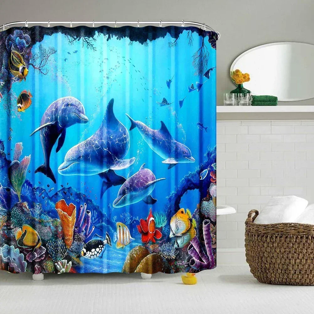 Ocean Underwater World Shower Curtains Set Dolphin Animal Cheerful Marine Life Scenery Polyester Fabric For Kids Bathroom Decor