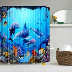 Ocean Underwater World Shower Curtains Set Dolphin Animal Cheerful Marine Life Scenery Polyester Fabric For Kids Bathroom Decor