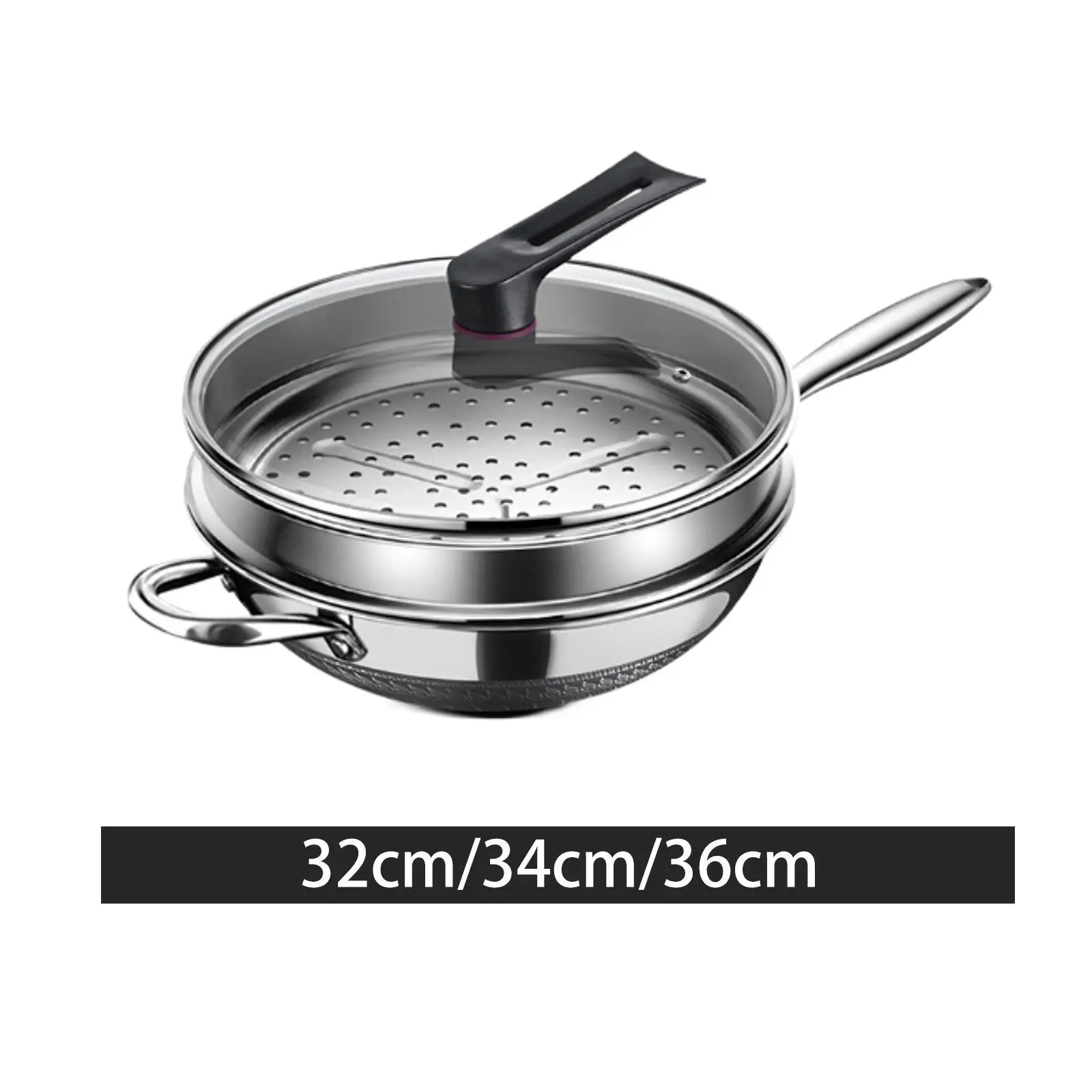 Stainless Steel Wok Pan with Glass Lid and Steamer Cookware Induction Cooker Large Nonstick for Dishwasher All Cooktops Kitchen