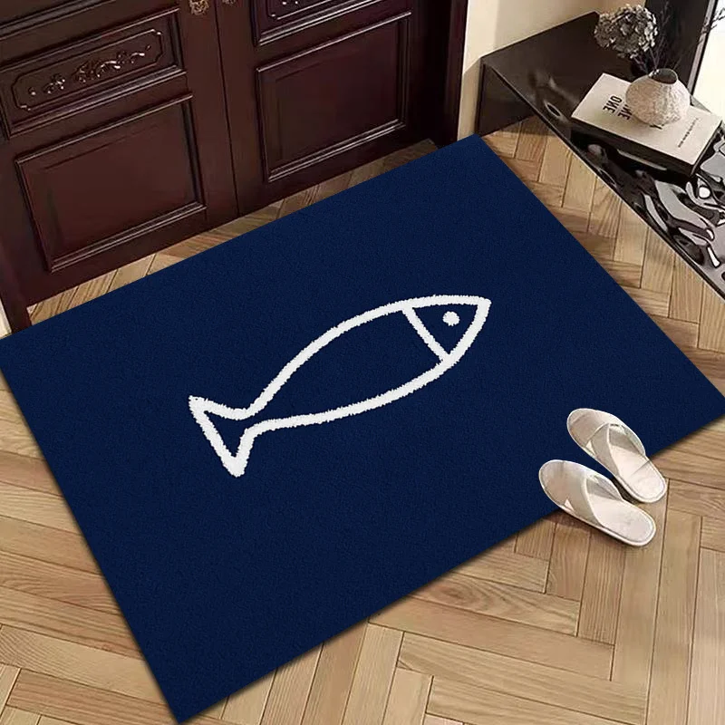 VIKAMA Navy Blue Simple Fish Outline Rug Non Slip Easy Care Indoor Kitchen Bedroom Anti Slip Mat Home Decor