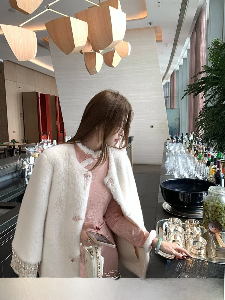 

Chinese Sle ort Fur Jaet Women's Winter Coat Fur Inteated Coat Retro EIA【Mù Tíng xuě】Daily Wear Polyester