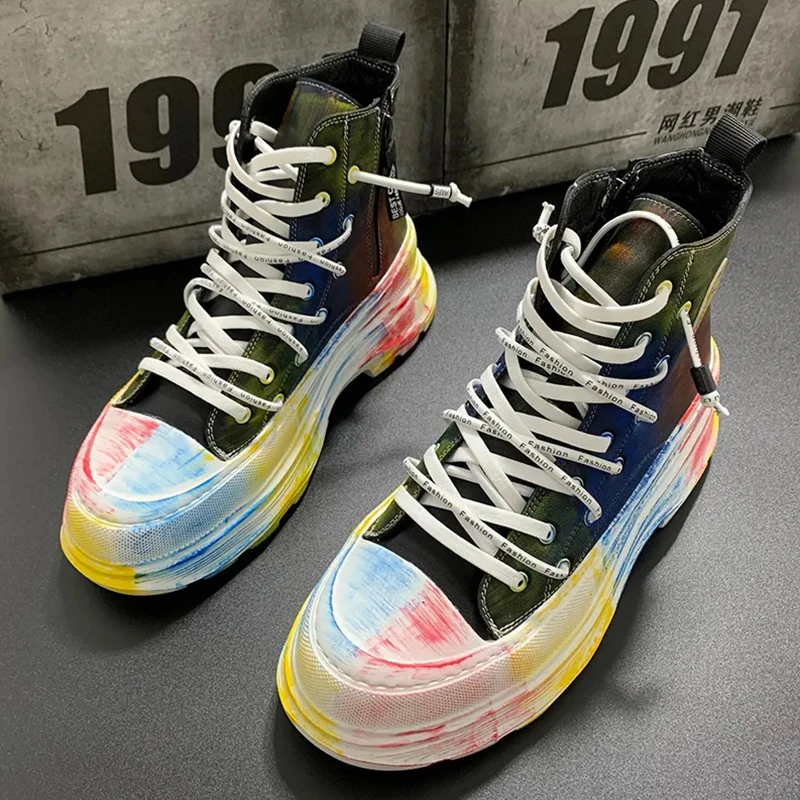 Fashion Hand-Painted Graffiti Sneakers Men Ankle Boots High Top and Thick Sole Personalized Board Shoes 2023 tenis de mujer