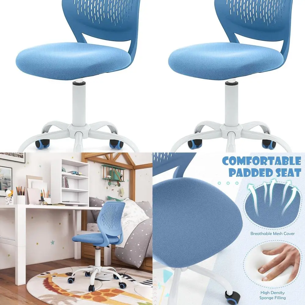 

Поворотный офисный стул со средней спинкой, компьютерный стол с регулируемой высотой, сетчатое сиденье без подлокотников, синий рабочий стул с мягкой обивкой