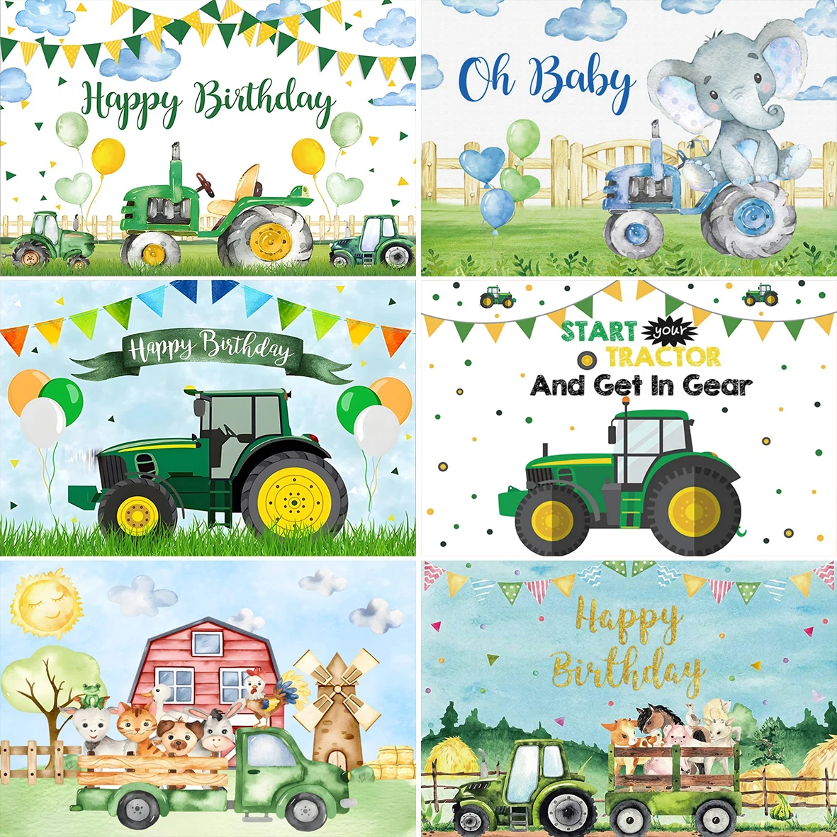 Green Tractor Truck Backdrop Boy Birthday Party Decor Photography Backdrops Balloons Banners Grass Farm Photographic Backgrounds