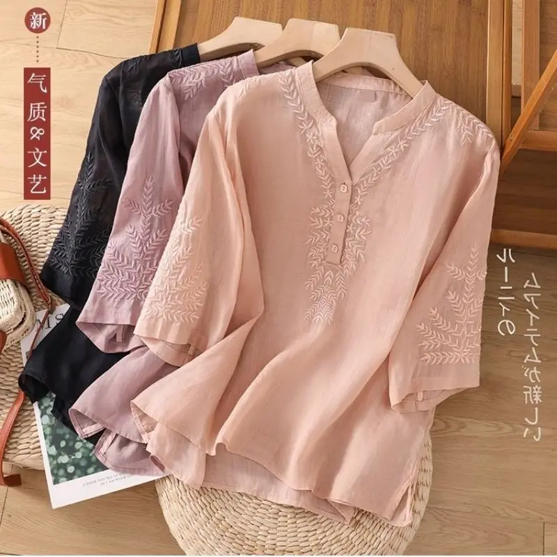 

Chinese-style New Embroidered Half-sleeve Blouse for Women Summer Loose Tops Casual Wear