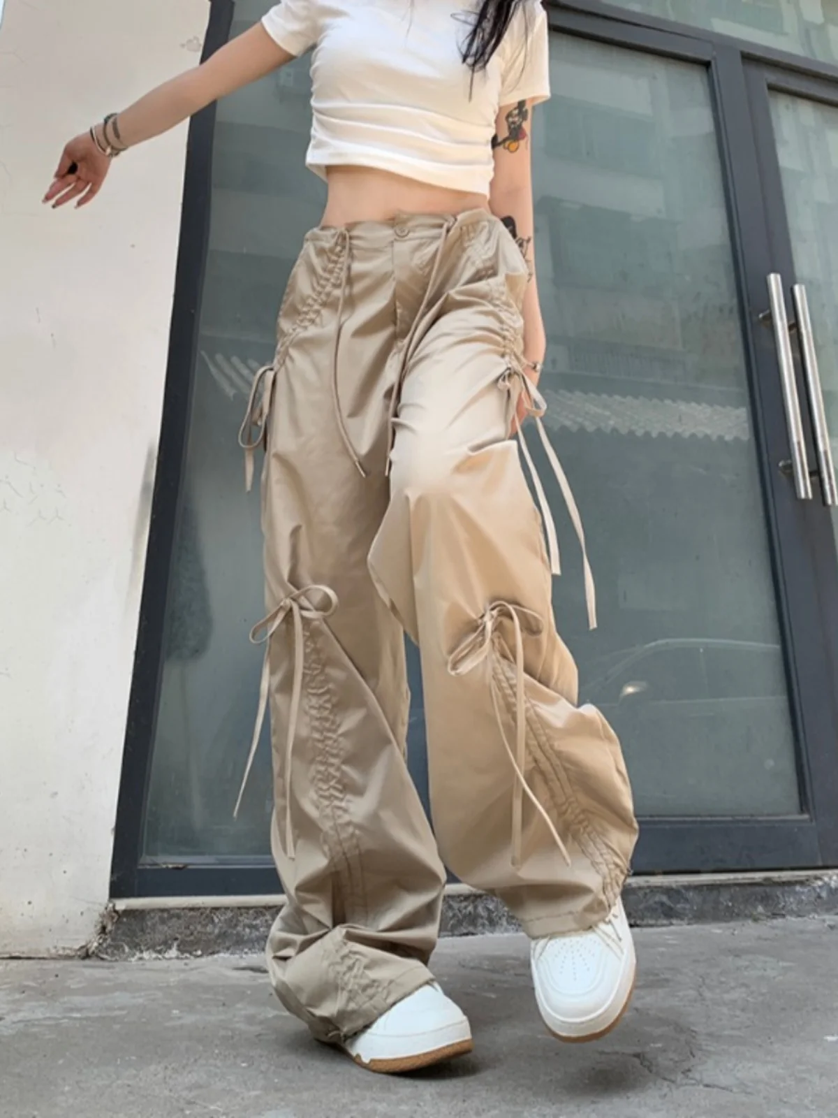 Women's Khaki Baggy Pants Y2k 2000s Parachute Pants Vintage Streetwear High Waist Trousers Harajuku Pants Aesthetic Clothes 2024