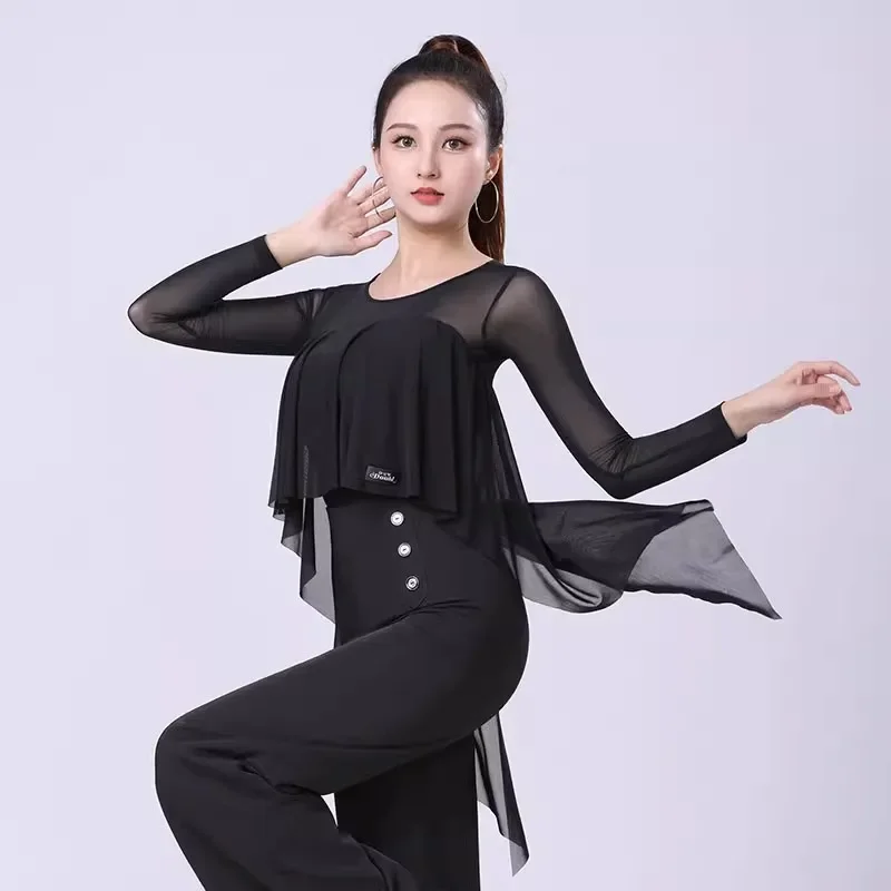 

Long-sleeved Ballroom Dance Practice Clothes for Women Black Tuxedo Modern Waltz Costumes Professional Latin Dance Top