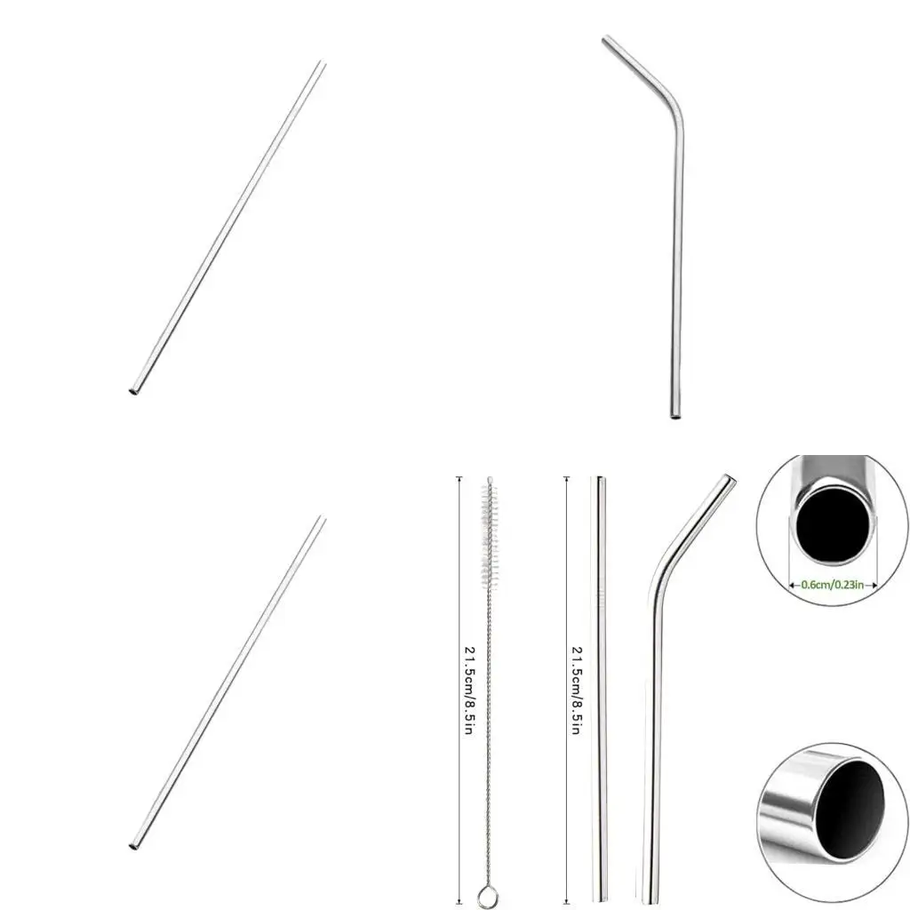

652F Stainless Steel Metal Drinking Straw Straight or Bent Tip with Cleaning Brush For Juice Coffee Reusable Kitchen Tool