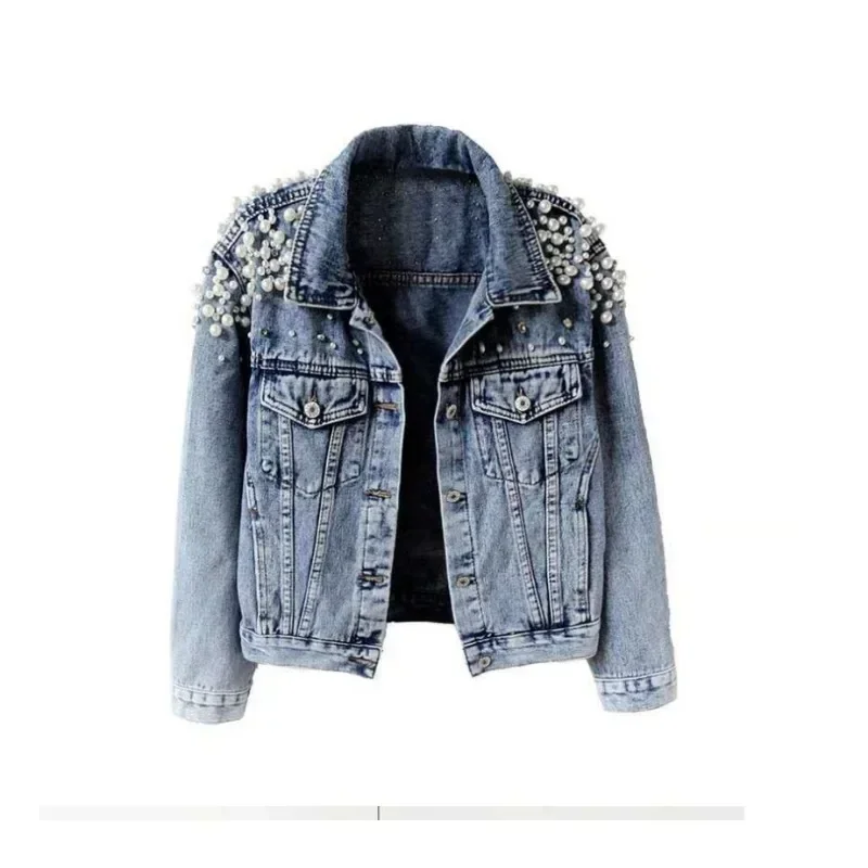 

Fashionable Women's Denim Jacket with Large Beaded Pearls Perfect for Spring/Autumn Denim Jacket Women Coat Women