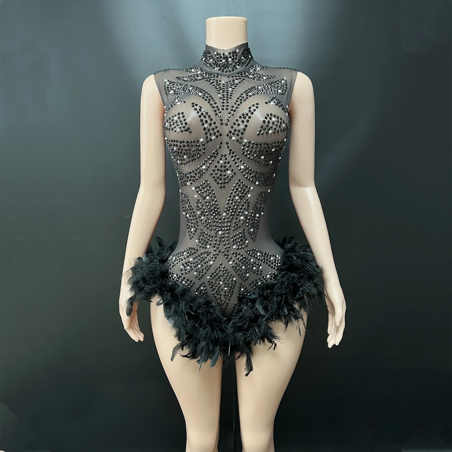 

Black Rhinestones Feathers Mesh Bodysuit Cheers Performance Costume Special Occassion Figure Skating Dresses Sports Dance Suit