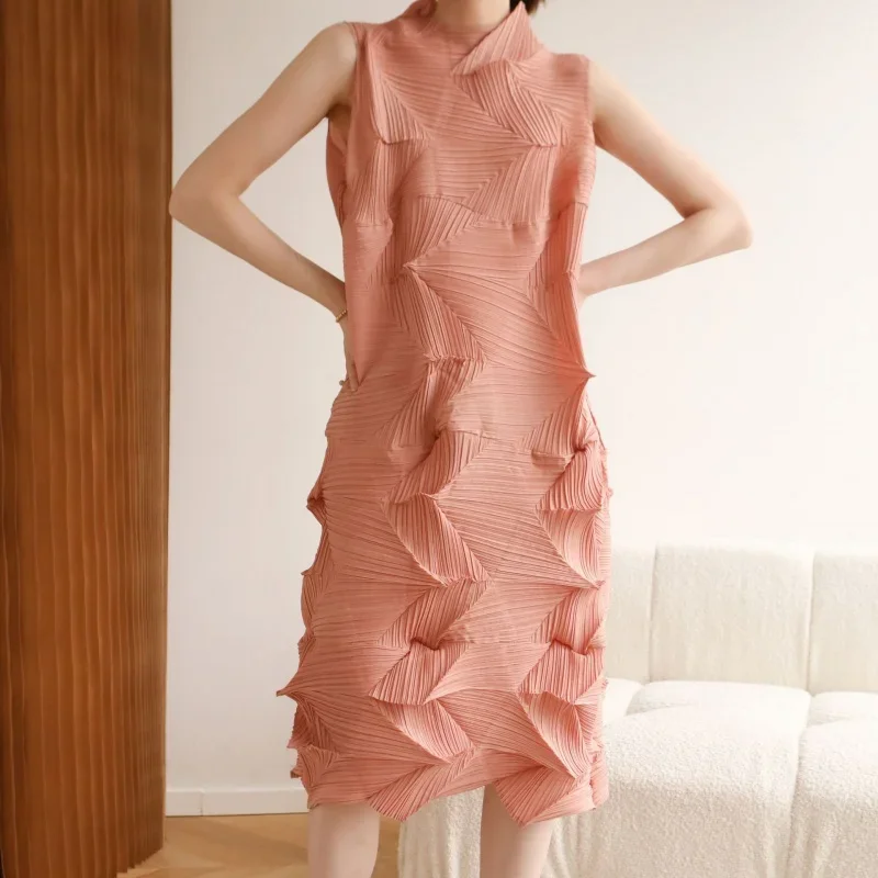 Summer Miyake Pleated High-End and Fashionable Avant-Garde Charming Diamond Pleated Loose Large Size Sleeveless Dress [6613][]