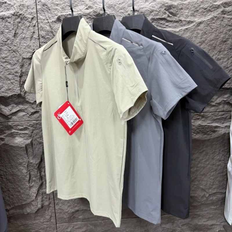 

Мужская летняя уличная быстросохнущая рубашка с короткими рукавами на молнии 2025 года — влагоотводящая, светоотражающая, воротник-стойка (хаки/черный/серый)