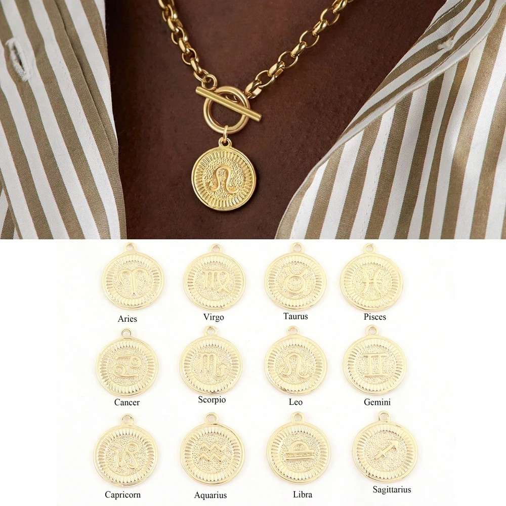 خمر جولة زودياك قلادة قلادة للنساء مطلية بالذهب الفولاذ المقاوم للصدأ سلسلة كوكبة قلادة عيد ميلاد مجوهرات هدية