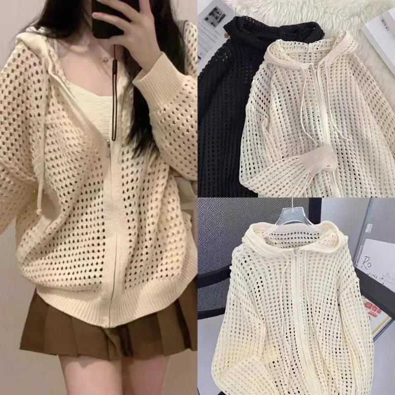 Korean Plaid Sweatshirt Hoodie Jacket Y2K Cardigan Women Spring Autumn Hollow Knit Sweater Ins Loose Coat Sweatshirt Hoodie New